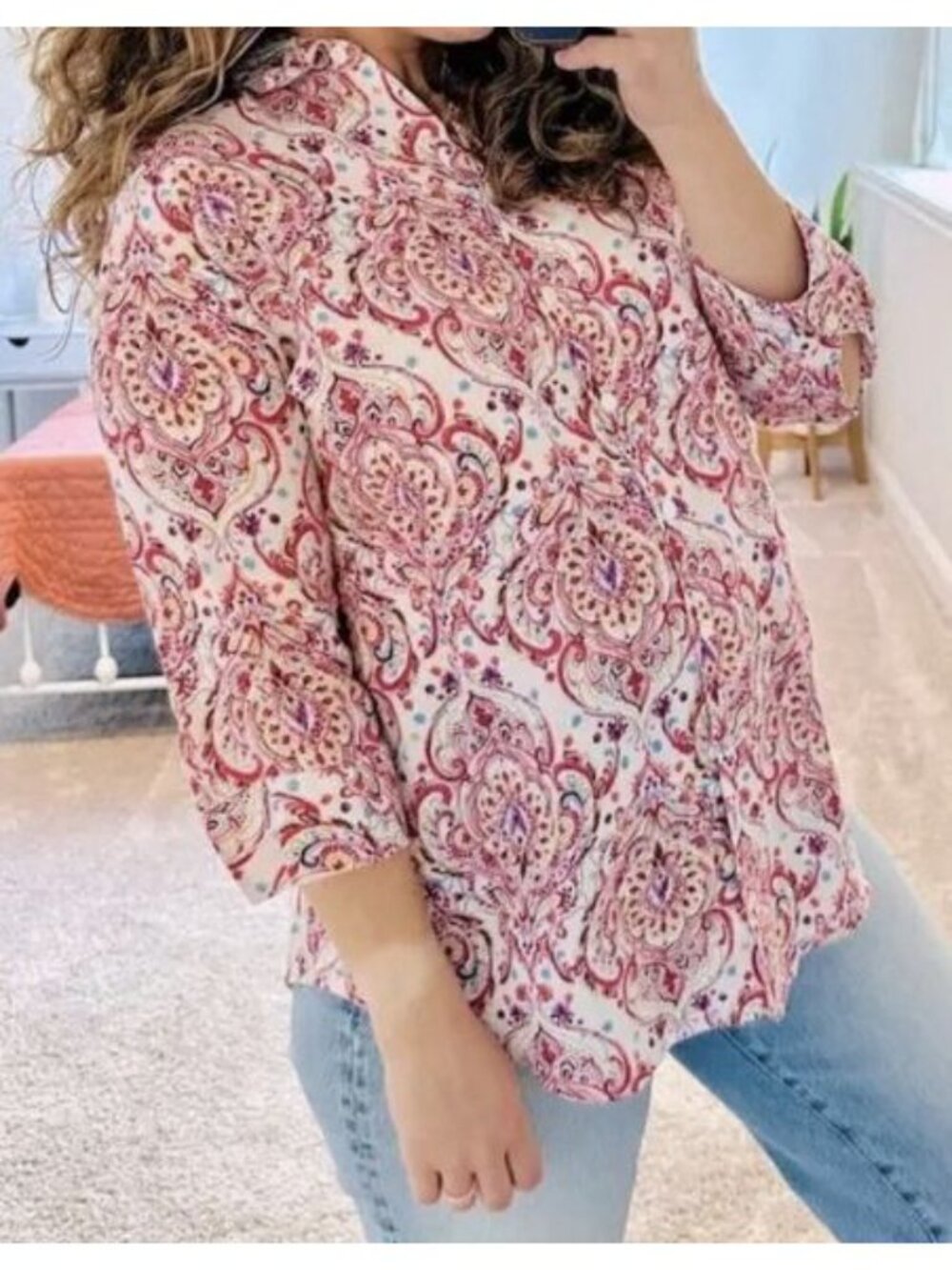 Chicos Linen No Iron Top Size 2P/LP Pink Damask Paisley Button Front 3/4 Sleeve - Picture 2 of 10